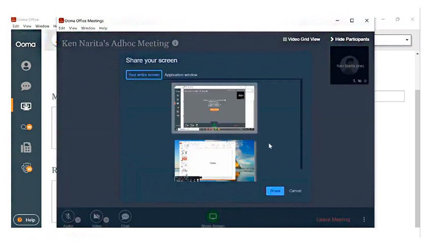 An ongoing meeting in Ooma showing the "Share your screen" feature