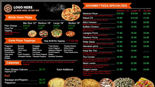 Pizza menu including build-you-own and speciality pizzas.