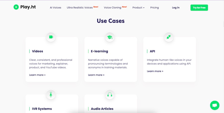 Use cases section of Play.ht's website