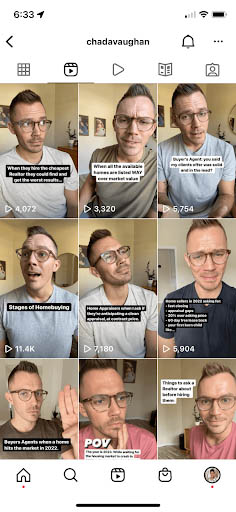 Screenshot of reels page on Instagram of just a male user's face with text caption over each square