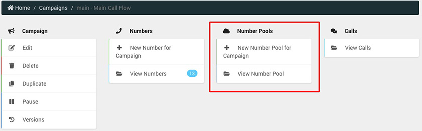 Retreaver interface displaying campaign settings options, with the "Number Pools" section highlighted in a red box