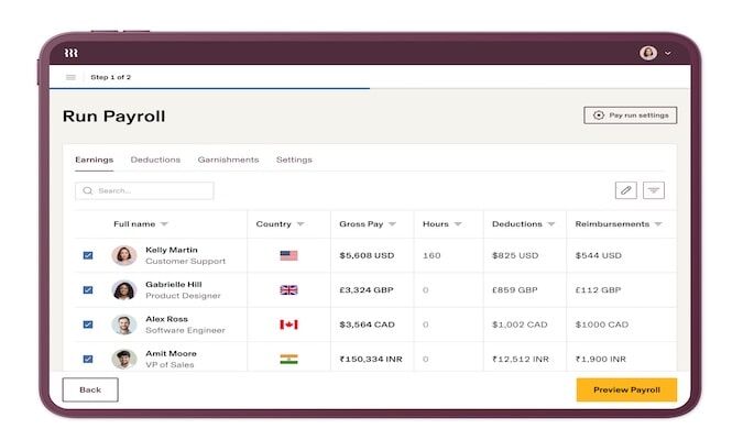 run payroll dashboard showing employee, country of origin, gross pay, hours, deductions, and reimbursements