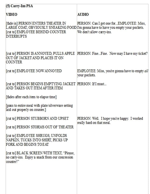 A sample script for a TV commercial with columns for video and audio.