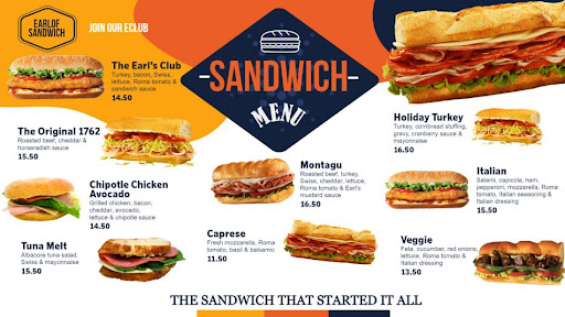 Orange- and yellow-hued sandwich menu.