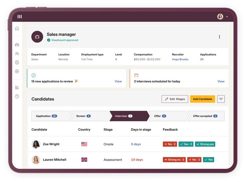 applicant tracking dashboard showing candidates. drop down selection for hired, resume, and archive