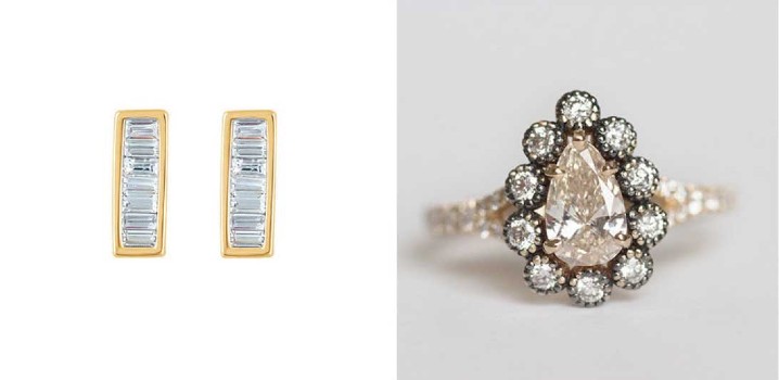 A pair of rectangular gold earrings featuring baguette-style diamonds against a clean white background next to an image of a vintage, pear-shaped diamond ring against a gray background with shadows.