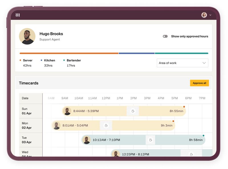 timecard calendar showing color coded working clock ins and outs and full time worked