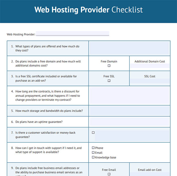 Screenshot of web hosting provider checklist template