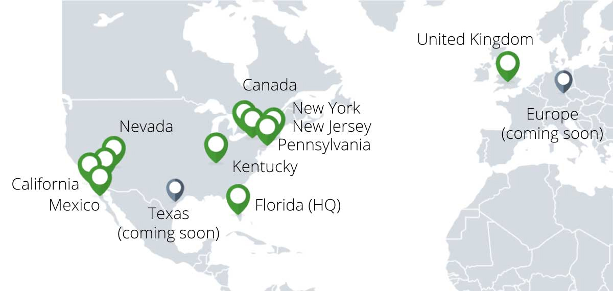 A world map showing ShipMonk's 11 locations marked with each area's name and a green pin symbol, plus 2 upcoming locations marked in gray.