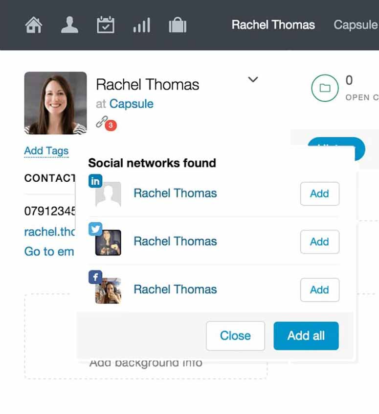 An example of how users can add a social profile to a contact in Capsule CRM.