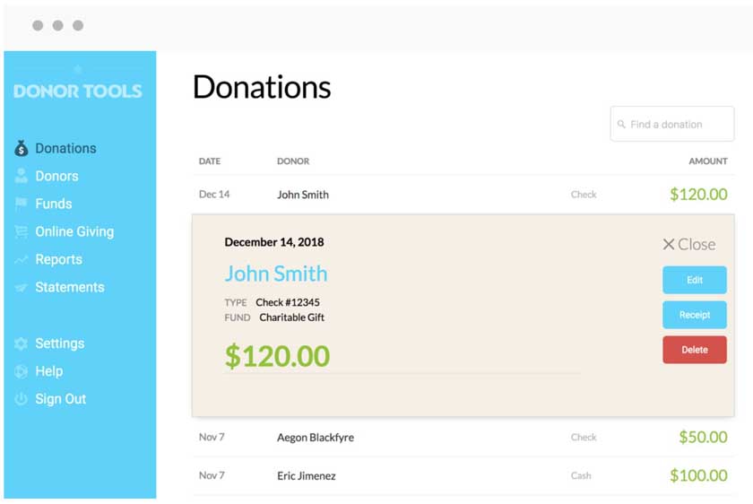 Donor tools donation record.
