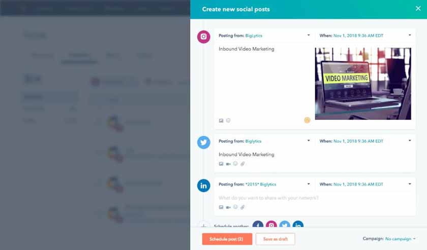 An example of how to create and schedule social media posts from within HubSpot CRM.