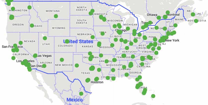Map of the United stated with green dots indicating locations of Sysco distribution centers.
