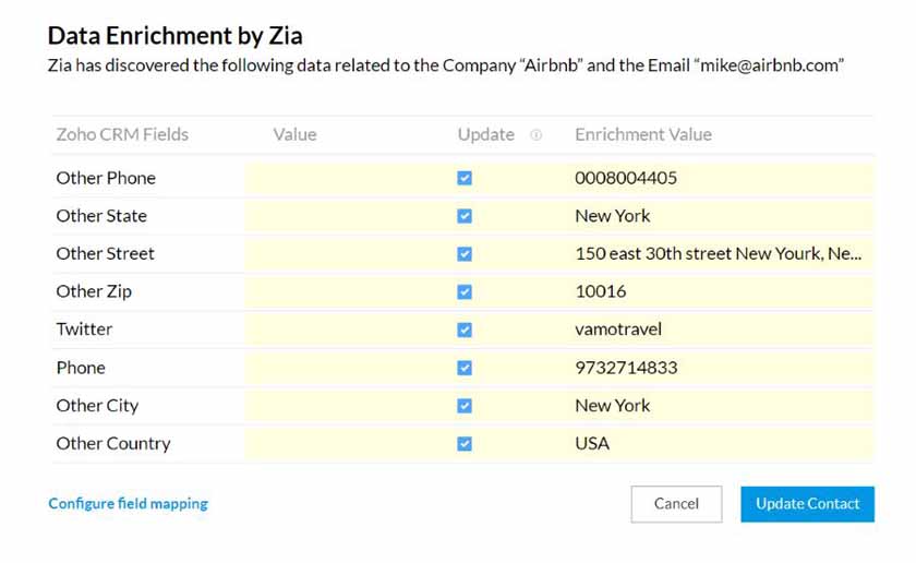 An example of the data enrichment capabilities of Zoho CRM's voice assistant Zia.