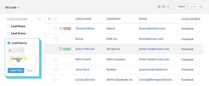 An example of Zoho CRM's leads generated from Facebook.