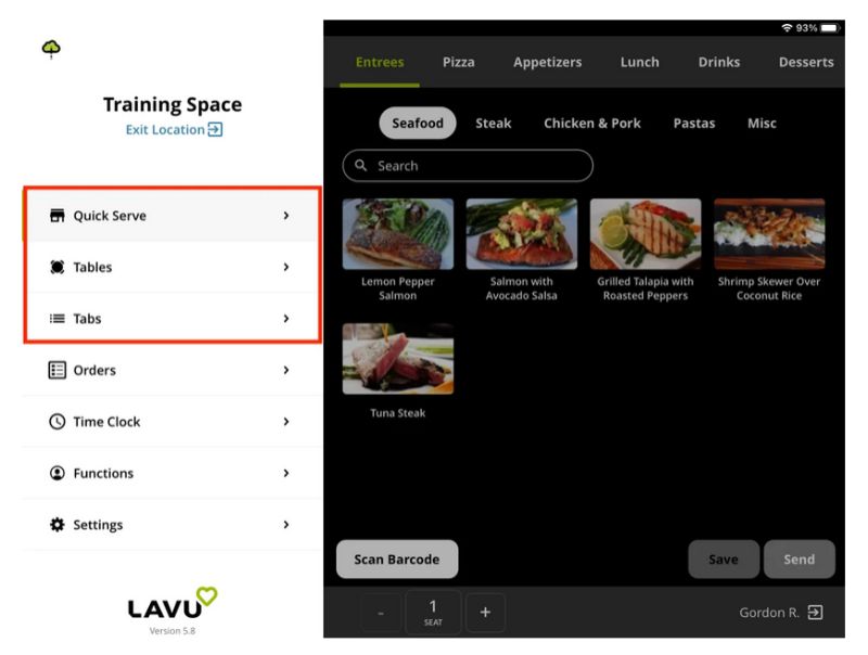 Lavu Quick Serve mode with menu screen.