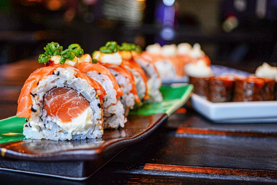 Close-up of a sushi roll platter on a table