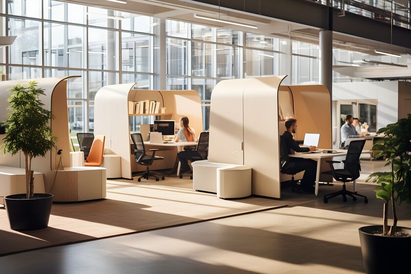 Example of a flexible workspace with moveable furnitures