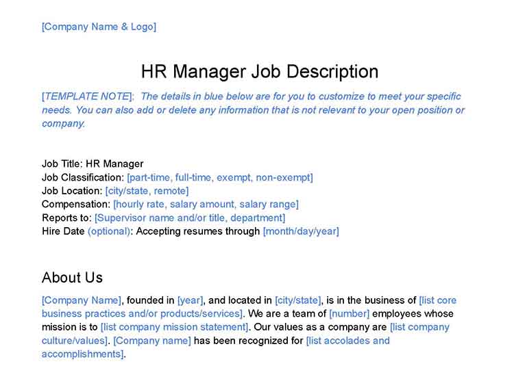 HR manager job description template.
