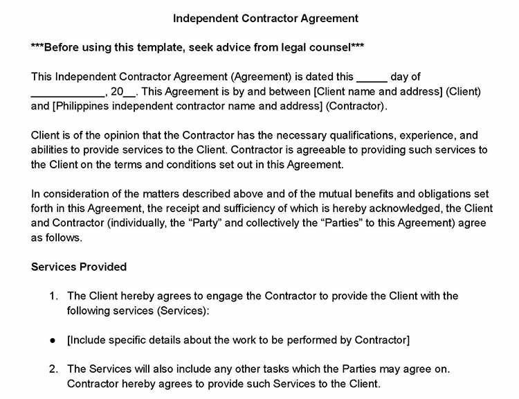 Independent contractor agreement Philippines template.