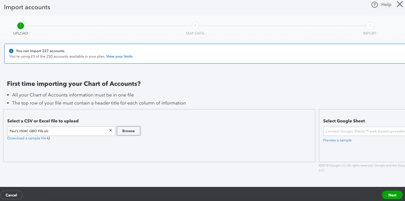 Screen where you can upload a chart of accounts in QuickBooks Online