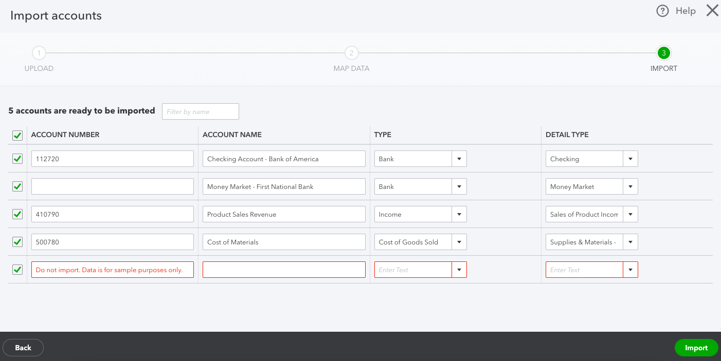 Screen where you can verify account details before importing to QuickBooks Online