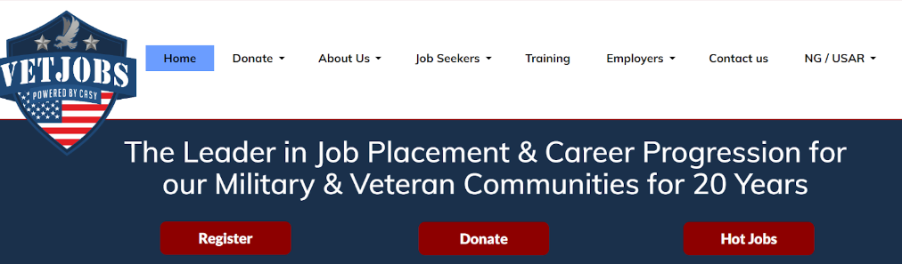 VetJobs homepage with buttons to register, donate, and hot jobs