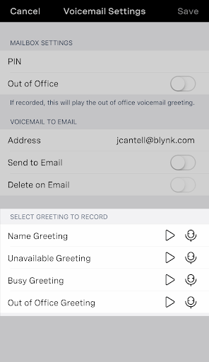 Voicemail settings on the Vonage mobile app, highlighting the different greeting types.