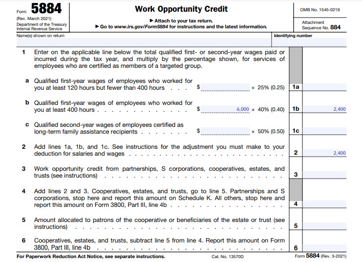 An example of IRS Form 5884 lines 1 through 6 used to calculate the Work Opportunity Tax Credit