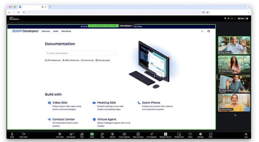 Zoom meeting with screen-share of Zoom's SDK documentation.