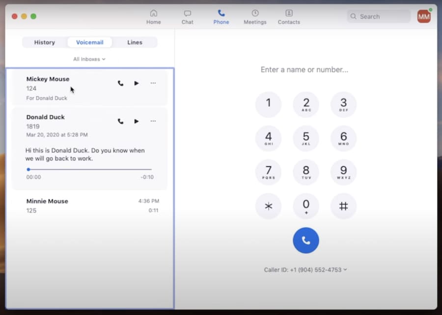 Zoom Phone dialpad with a side panel for call recordings with transcription.