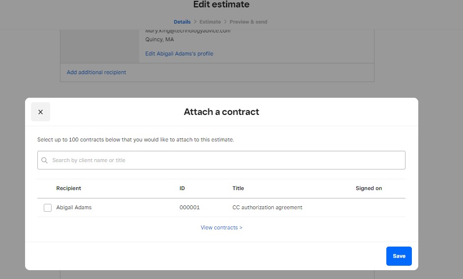 Screenshot of dialog box in Square Invoices software displaying the option to attach a contract