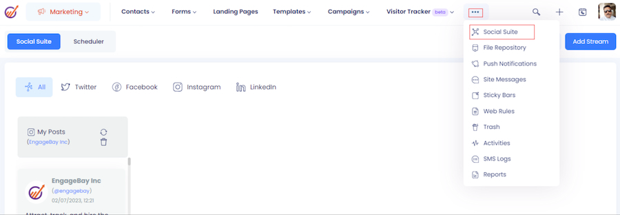 EngageBay's Social Suite tab with options to view and schedule posts for Twitter, Facebook, Instagram, and LinkedIn.