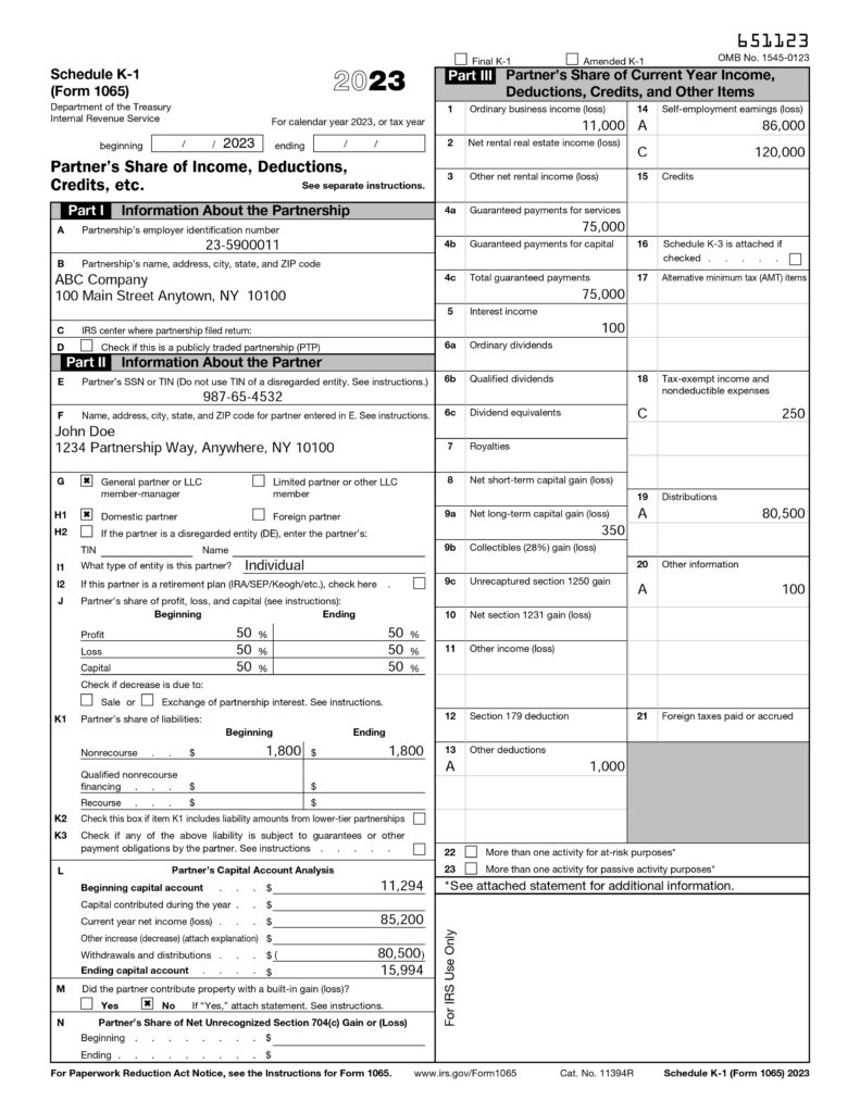 Form 1065, K-1 completed for the first partner of ABC Company