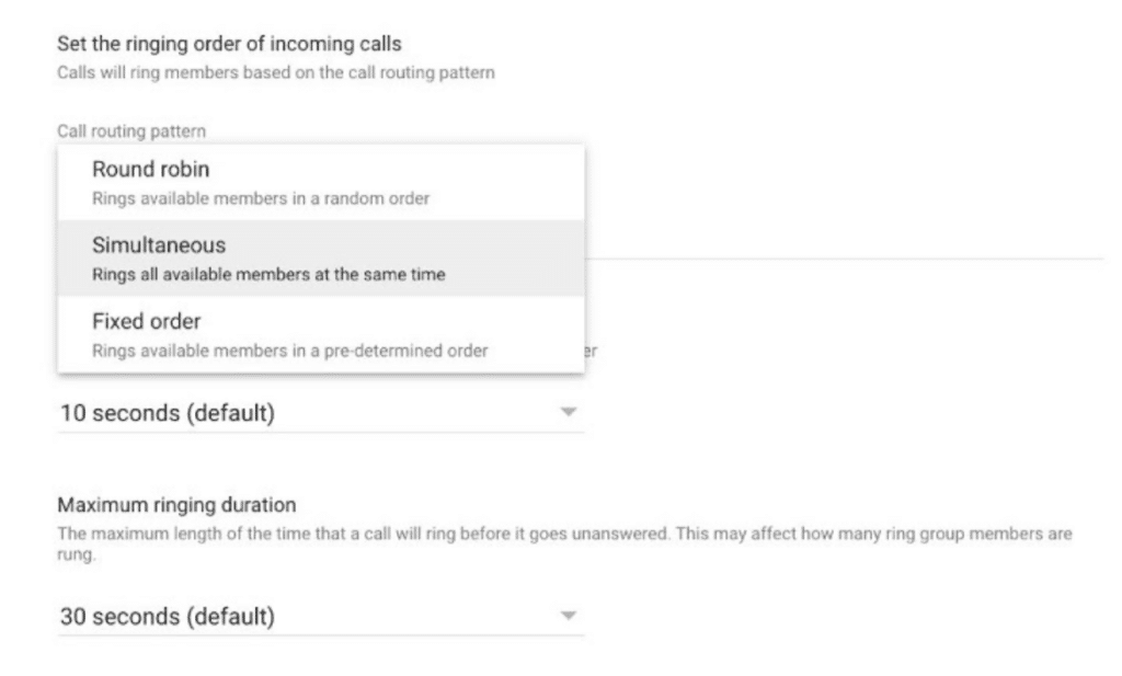 The Google Voice call routing settings for ring groups.