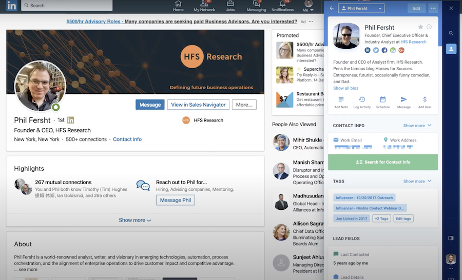 Nimble CRM's Prospector extension performing social profile matching in LinkedIn.