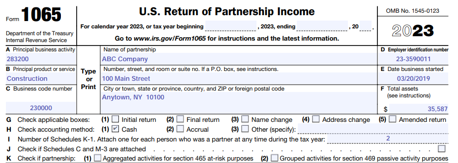 General information for ABC Company in boxes A through K on the top of Form 1065