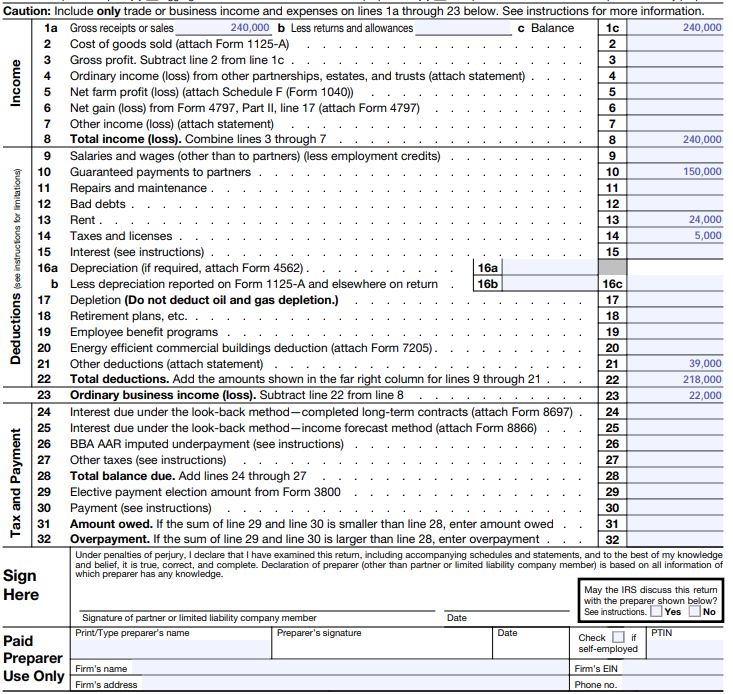 Form 1065 page 1 with ordinary income and expenses for ABC Company