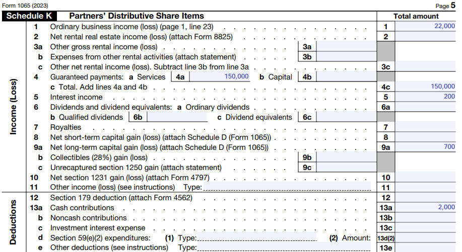 Form 1065, Schedule K, Lines 1 through 13 detailing income and deductions for ABC Company