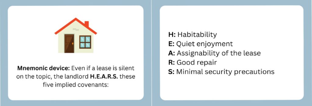 Front and back of flashcard asking for the mnemonic for implied covenants or HEARS.