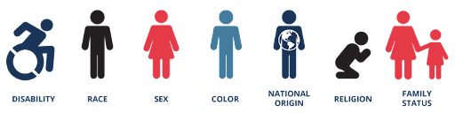 People stick figure icons in red, black, blue on white background representing different protected classes