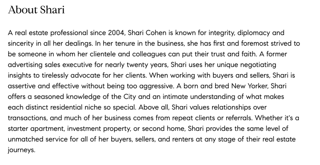 Sample real estate bio of Shari Cohen