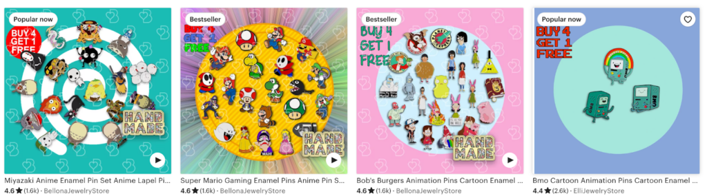 Etsy listing of popular enamel pins cartoon characters game characters