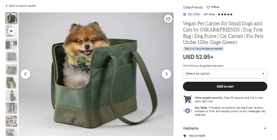 green vegan pet carrier for small dogs and cats product listing on etsy