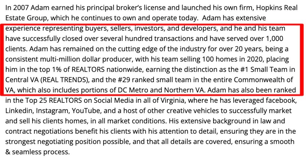 Sample of an agent's bio mentioning his team's successes
