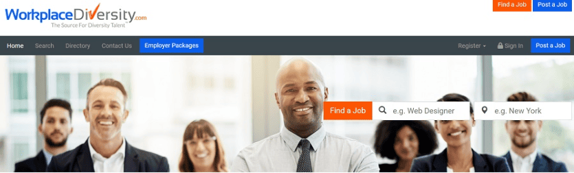 group of diverse workers with button to find a job and post a job