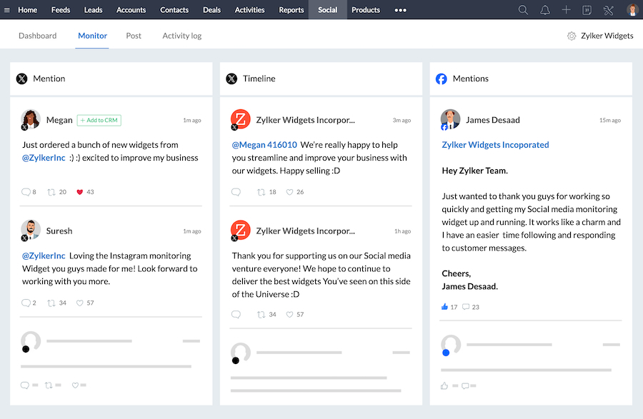 Zoho CRM's Social Tab with brand monitoring dashboard for X and Facebook accounts.