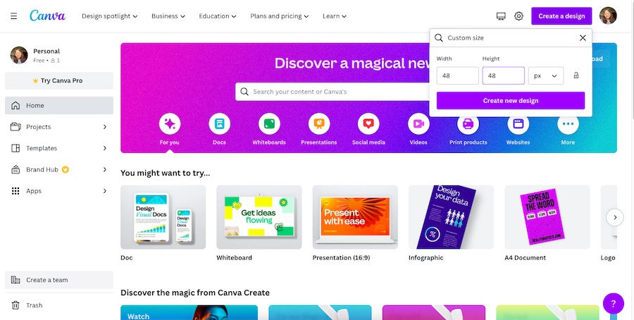 Canva's home screen with an open tab for typing in a custom size