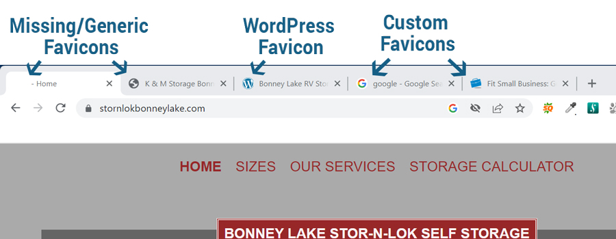 Open tabs showing generic favicons, favicons from WordPress, Google, and Fit Small Business