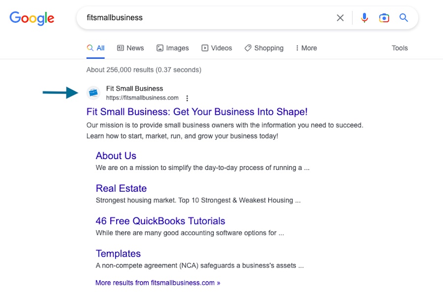 Screenshot of Fit Small Business' favicon on a Google Search Results page